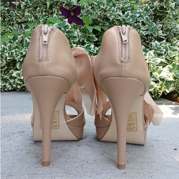 Shoedazzle Madison Tan Brown Bow Ankle Strap Peep Toe Platform High Heel Shoes - Picture 5 of 6